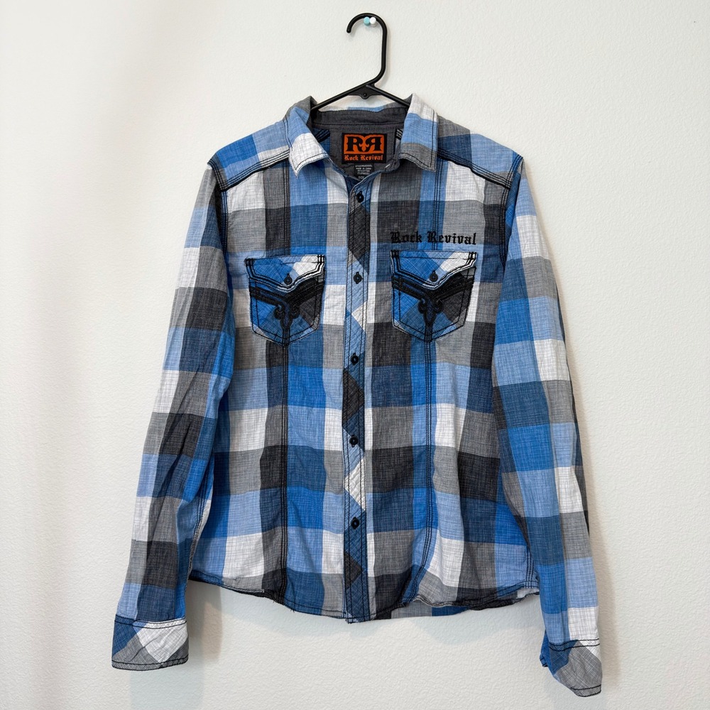 Rock Revival Button Down Shirt Mens M Blue Plaid Good Embroidered BLE2005L